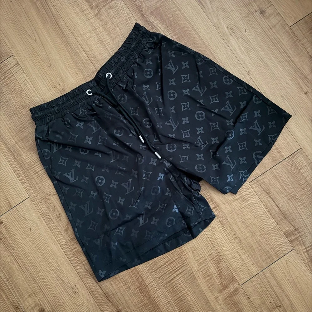 Black Monogram-Print Men's Swim Board Shorts